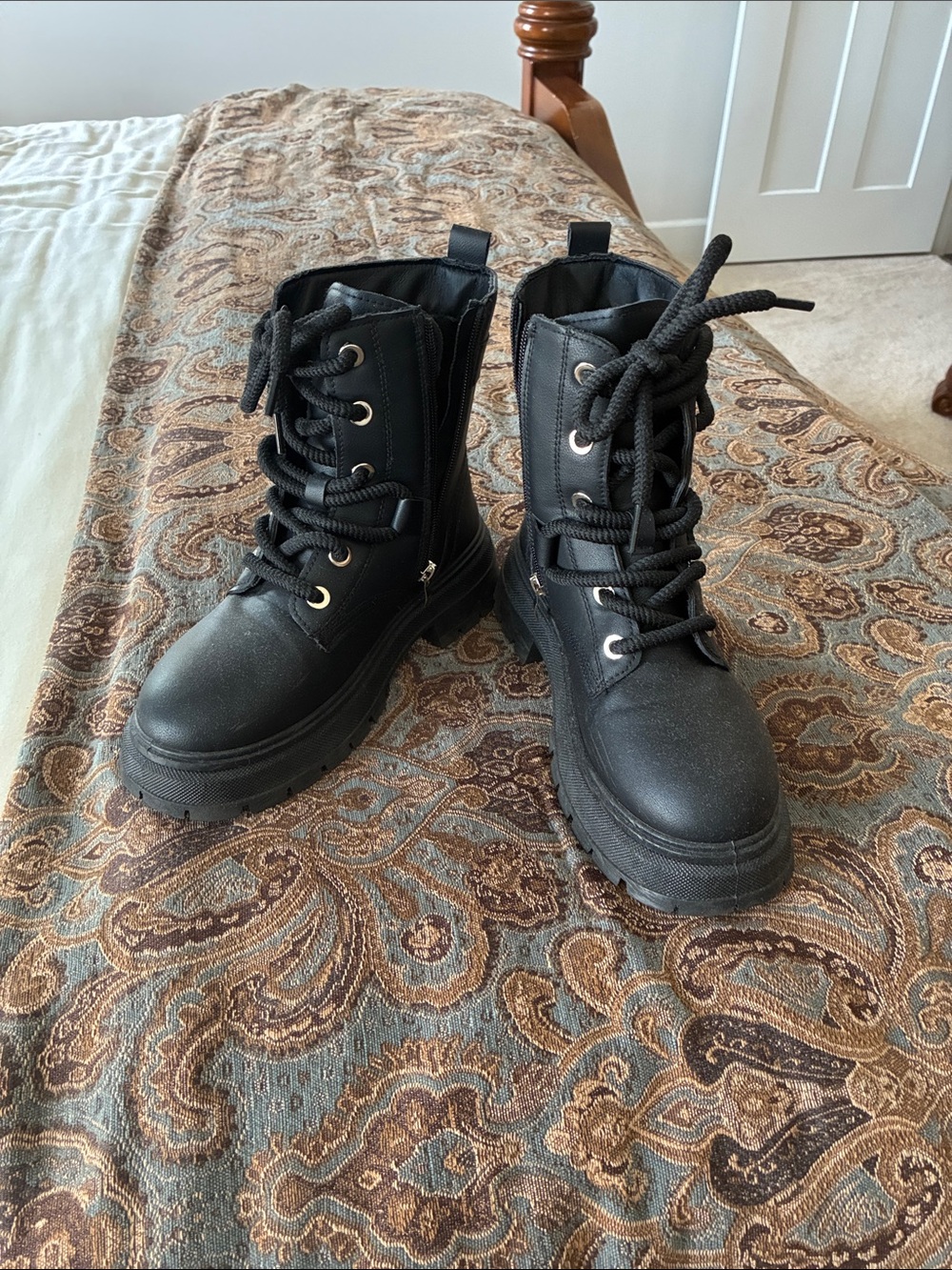 Wild Diva Black Lace-Up Platform Moto Boots with Side Zipper
